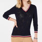 Tommy Hilfiger Women's Cotton Pointelle Striped Trim Sweater Blue Size Small