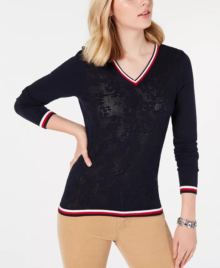 Tommy Hilfiger Women's Cotton Pointelle Striped Trim Sweater Blue Size Small