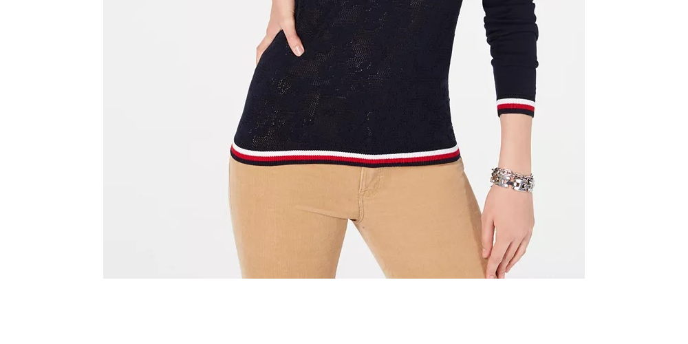 Tommy Hilfiger Women's Cotton Pointelle Striped Trim Sweater Blue Size Small