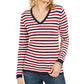 Tommy Hilfiger Women's Cotton Striped V-Neck Sweater Blue Size Medium