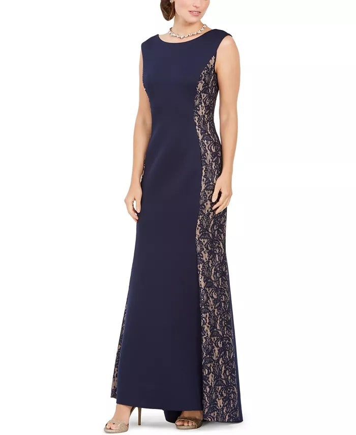 Jessica Howard Women's Sequined-Lace Scuba Mermaid Gown Navy Size 12