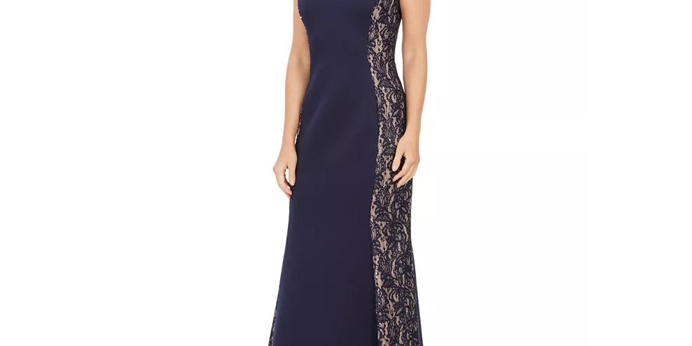 Jessica Howard Women's Sequined-Lace Scuba Mermaid Gown Navy Size 12