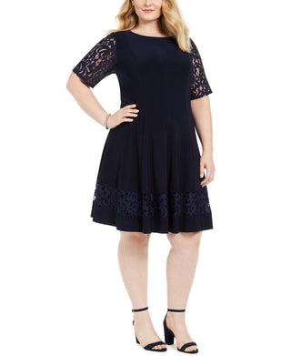 Jessica Howard Women's Lace Sleeve Fit & Flare Dress Navy Size 14W