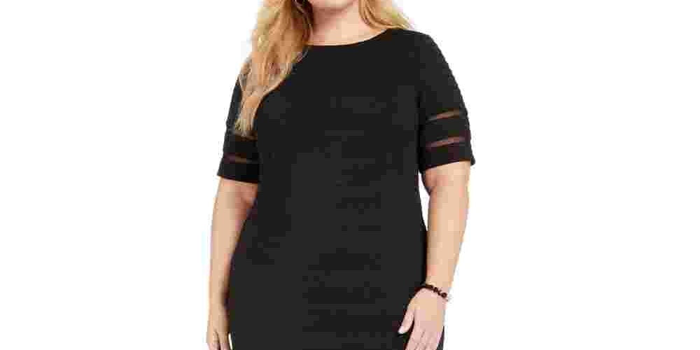 Jessica Howard Women's Black Illusion Trim Short Sleeve Jewel Neck Below The Knee Sheath Wear To Work Dress Black Size 14W