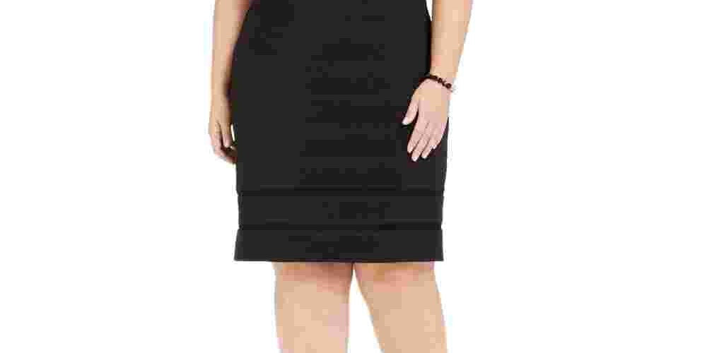 Jessica Howard Women's Black Illusion Trim Short Sleeve Jewel Neck Below The Knee Sheath Wear To Work Dress Black Size 14W