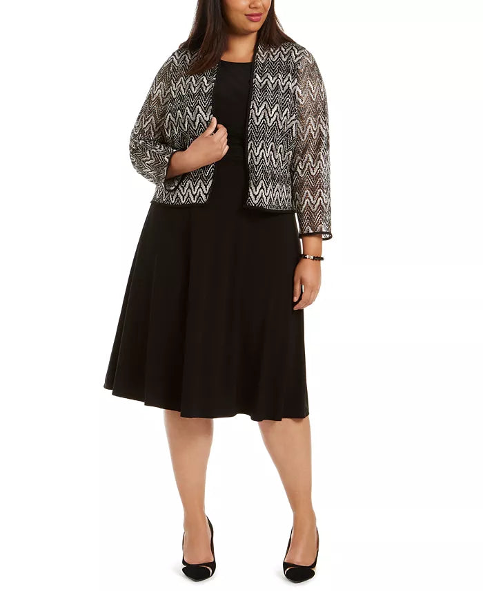 Jessica Howard Women's Plus Size Midi Dress & Chevron Lace Jacket Gray Size 14W