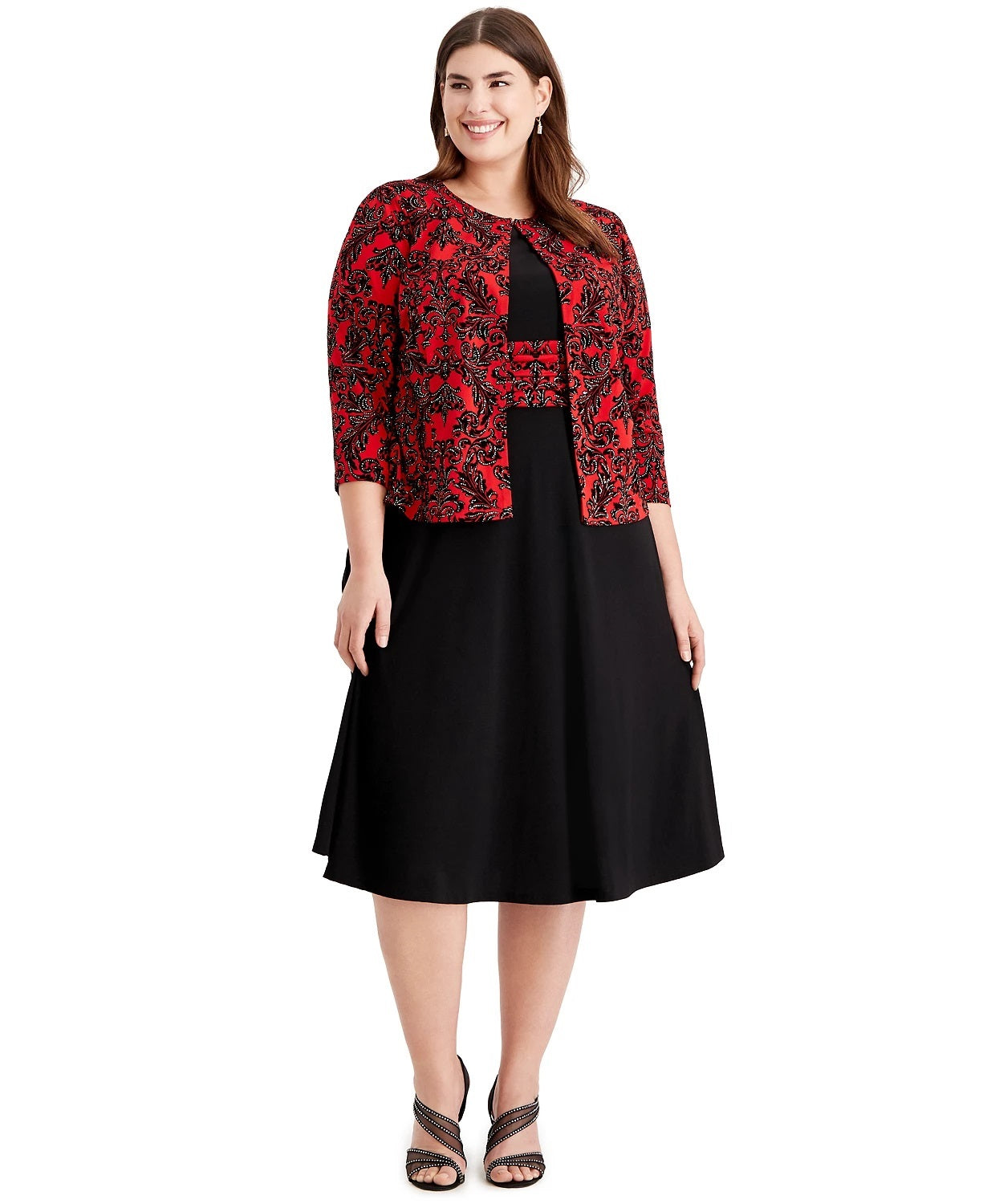 Jessica Howard Women's Embellished Patterned 3/4 Sleeve Jewel Neck Below The Knee Fit Flare Evening Dress Black Size 20W