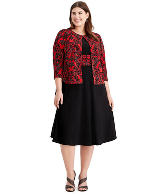 Jessica Howard Women's Embellished Patterned 3/4 Sleeve Jewel Neck Below The Knee Fit Flare Evening Dress Black Size 20W