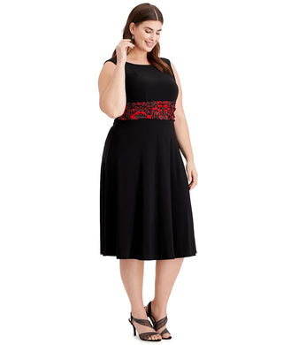 Jessica Howard Women's Embellished Patterned 3/4 Sleeve Jewel Neck Below The Knee Fit Flare Evening Dress Black Size 20W