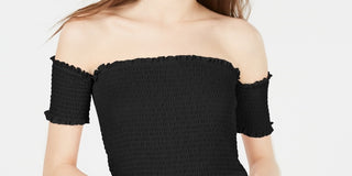 Crave Fame Junior's Smocked Off The Shoulder Crop Top Black Size Small