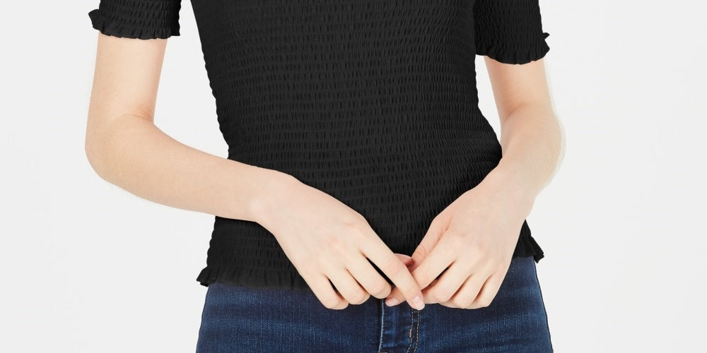 Crave Fame Junior's Smocked Off The Shoulder Crop Top Black Size Small