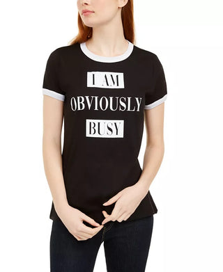 Love Tribe Junior's Obviously Busy Graphic Ringer T-Shirt Black Size Medium