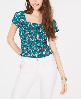 Crave Fame Juniors' Printed Smocked Cap Sleeve Top Pink Size X-Small