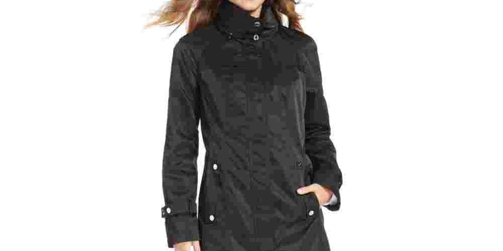 Calvin Klein Women's Hooded Packable Stand-Collar Wrinkle-Resistant Anorak Black Size Medium