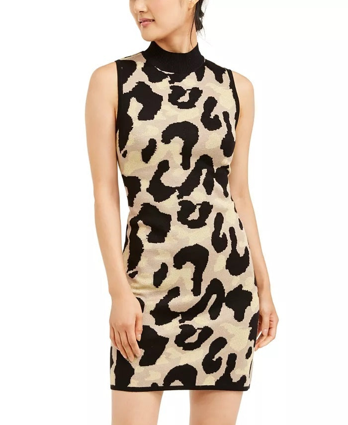 Planet Gold Women's Animal Print Sleeveless Turtle Neck Short Body Con Party Dress Yellow Size XX-Small