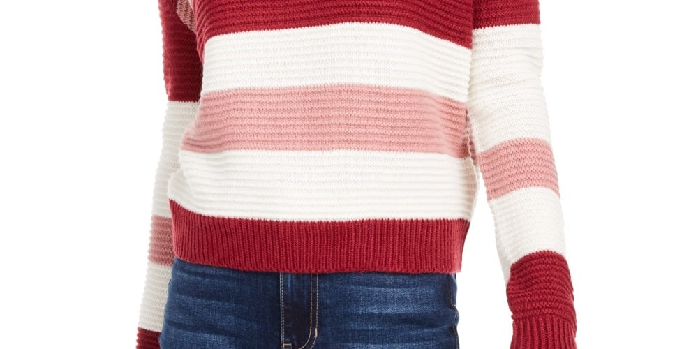 Planet Gold Derek Heart Juniors' Striped Button-Shoulder Sweater Red Size Medium