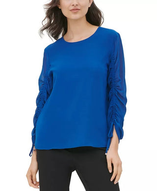 Calvin Klein Women's Scoop-Neck Drawstring-Sleeve Top Blue Size X-Large