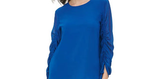 Calvin Klein Women's Scoop-Neck Drawstring-Sleeve Top Blue Size X-Large