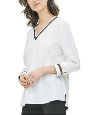Calvin Klein Women's Illusion-Trimmed Blouse White Size Extra Large