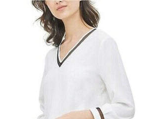 Calvin Klein Women's Illusion-Trimmed Blouse White Size Extra Large
