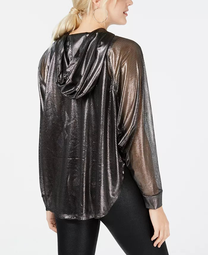 Material Girl Juniors' Metallic Semi-Sheer Windbreaker Black Size Large
