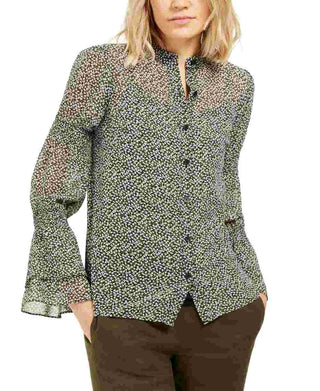 Michael Kors Women's Floral Smocked Blouse Green Size Small