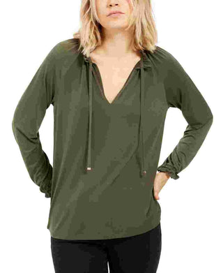 Michael Kors Women's Ruffled Long Sleeve V Neck Top Green Size Large