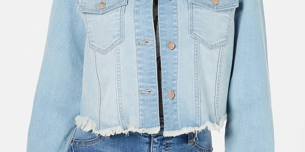 Tinseltown Juniors' Cropped Raw-Edged Denim Jacket Bright Blue Size Small