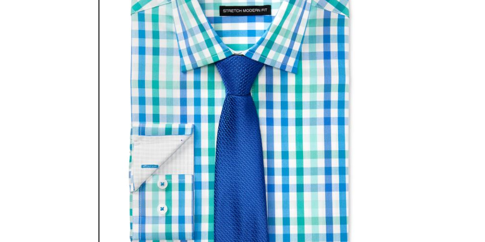 Nick Graham Men's Slim Fit Stretch Easy Care Multi Check Dress Shirt & Textured Solid Tie Set Green Size 15X34-35