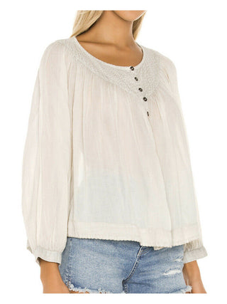 Free People Women's Ivory Textured  Buttoned 3/4 Sleeve Scoop Neck Top White Size X-Small