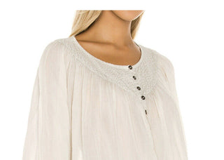 Free People Women's Ivory Textured  Buttoned 3/4 Sleeve Scoop Neck Top White Size X-Small