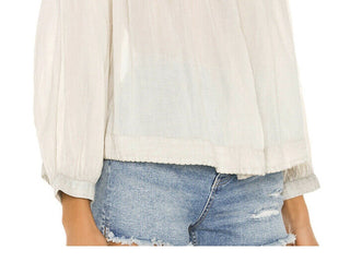 Free People Women's Ivory Textured  Buttoned 3/4 Sleeve Scoop Neck Top White Size X-Small