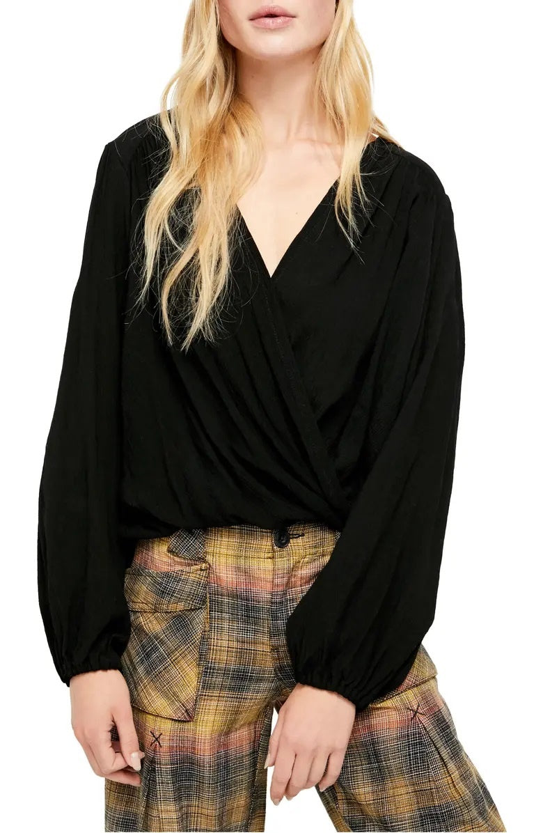 Free People Women's Check On It Faux Wrap Top Black Size Large