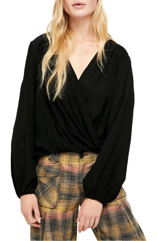 Free People Women's Check On It Faux Wrap Top Black Size Large