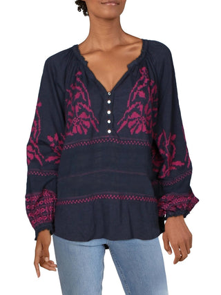 Free People Women's Persuasion Cotton Boho Peasant Top Navy Size Small