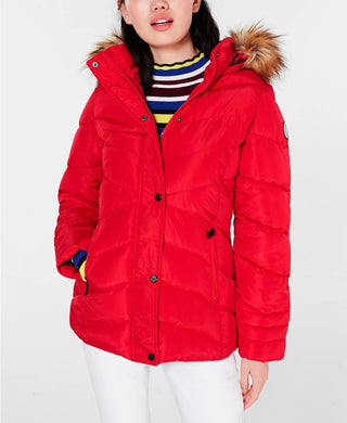 Madden Girl Junior's Hooded Faux Fur Trim Puffer Coat Red Size X-Small