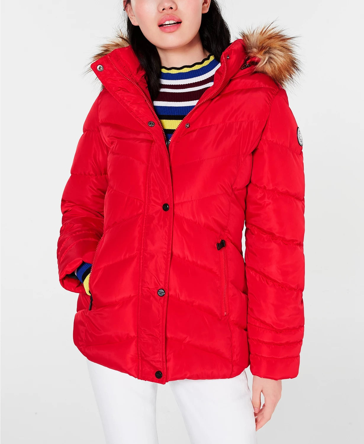 Madden Girl Junior's Hooded Faux Trim Puffer Coat Red Size X-Small