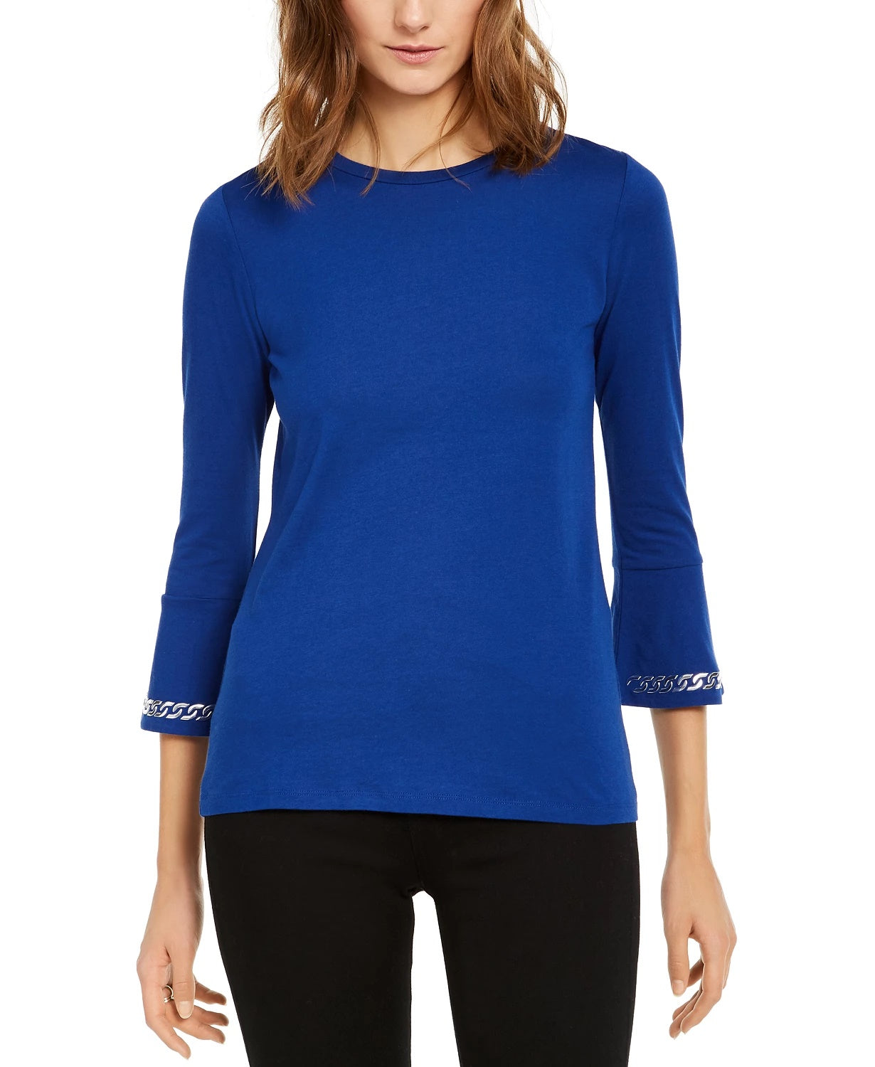 Michael Kors Women's Embellished Bell Sleeve Top Blue Size Petite