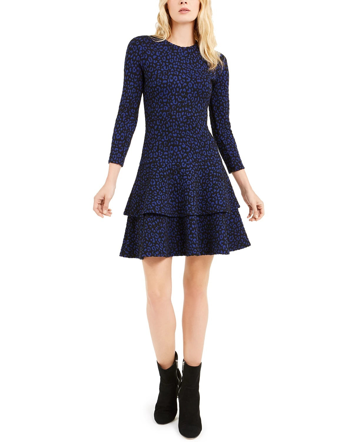 Michael Kors Women's Printed Long Sleeve Jewel Neck Short Fit Flare Dress Black-Blue Size Petite Small
