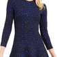 Michael Kors Women's Printed Long Sleeve Jewel Neck Short Fit Flare Dress Black-Blue Size Petite Small