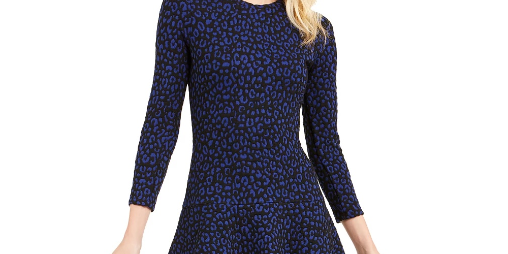 Michael Kors Women's Printed Long Sleeve Jewel Neck Short Fit Flare Dress Black-Blue Size Petite Small