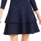 Michael Kors Women's Printed Long Sleeve Jewel Neck Short Fit Flare Dress Black-Blue Size Petite Small