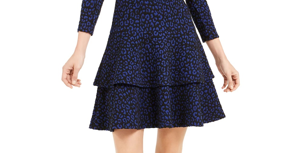 Michael Kors Women's Printed Long Sleeve Jewel Neck Short Fit Flare Dress Black-Blue Size Petite Small