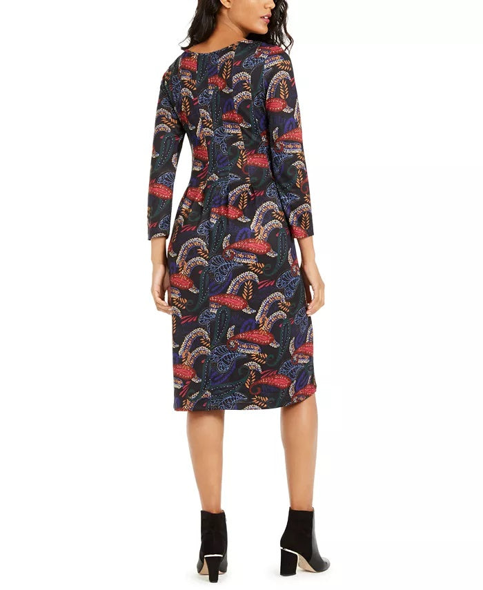 NY Collection Women's Petite Paisley-Print Pleated Dress Black Size X-Large