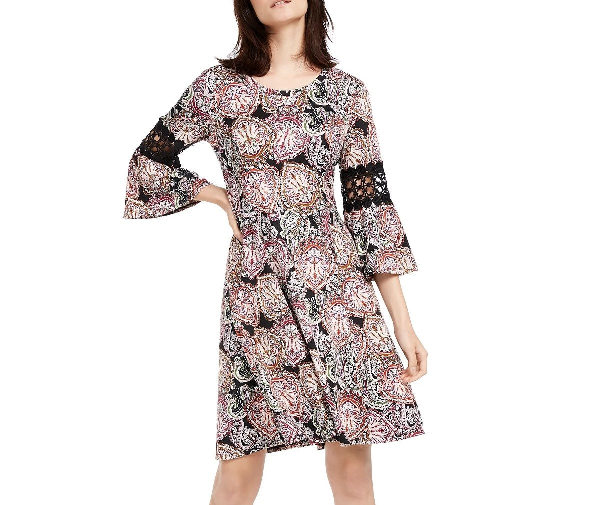 NY Collection Women's Petite Crochet-Trim Bell-Sleeve Dress Black Size Petite Large