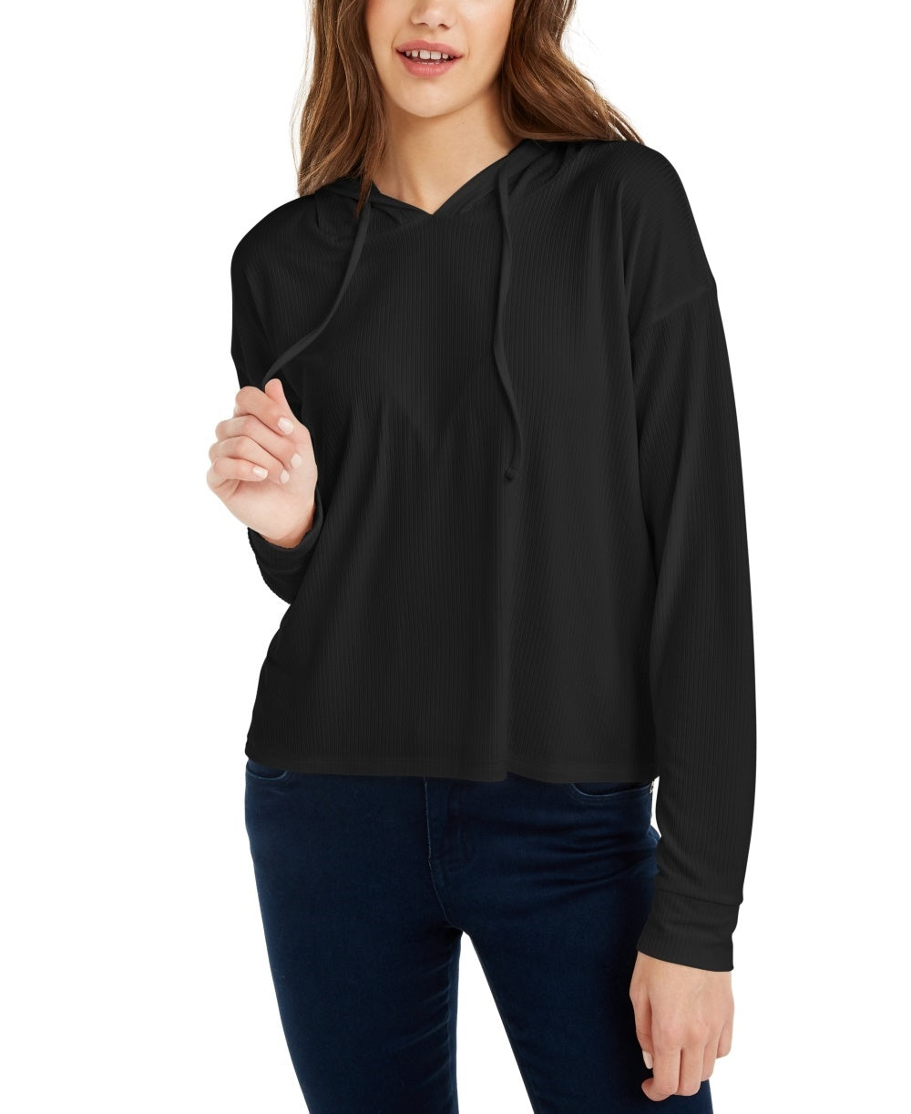 Pink Rose Juniors' Rib-Knit Pullover Hoodie Black Size Large