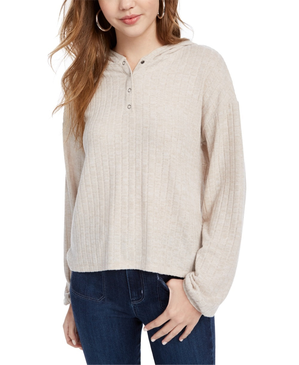 Ultra Flirt Junior's Cozy Ribbed Henley Hoodie Beige Size X-Small