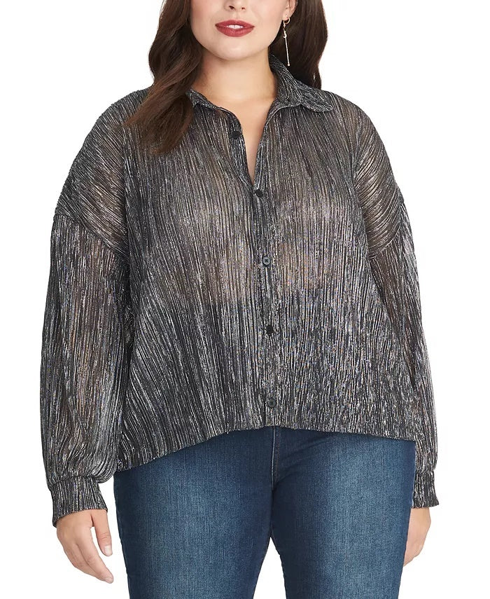 Rachel Roy Women's Trendy Plus Size Ben Metallic Crinkle Blouse silver Size 1X