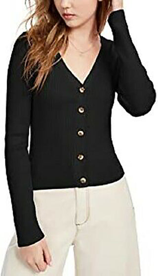 Ultra Flirt Junior's Cropped Ribbed Cardigan Sweater Black Size Medium