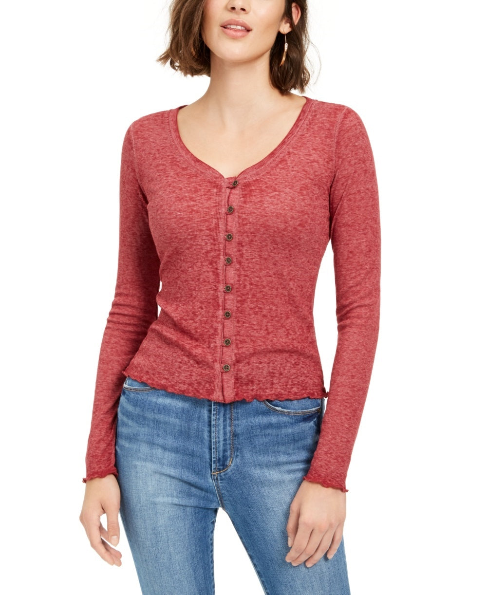 Crave Fame Juniors' V-Neck Button-Front Shirt Pink Size Small